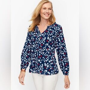 Ruffle Trim Popover Heart Sketch Print Navy Blouse